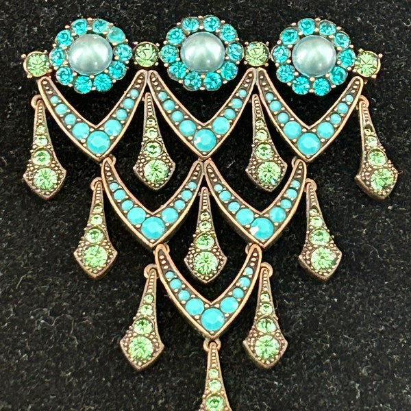 Large Joan Rivers Classic Collection art deco style brooch. Faux Turquoise, pearls, and crystal pin. Signed.