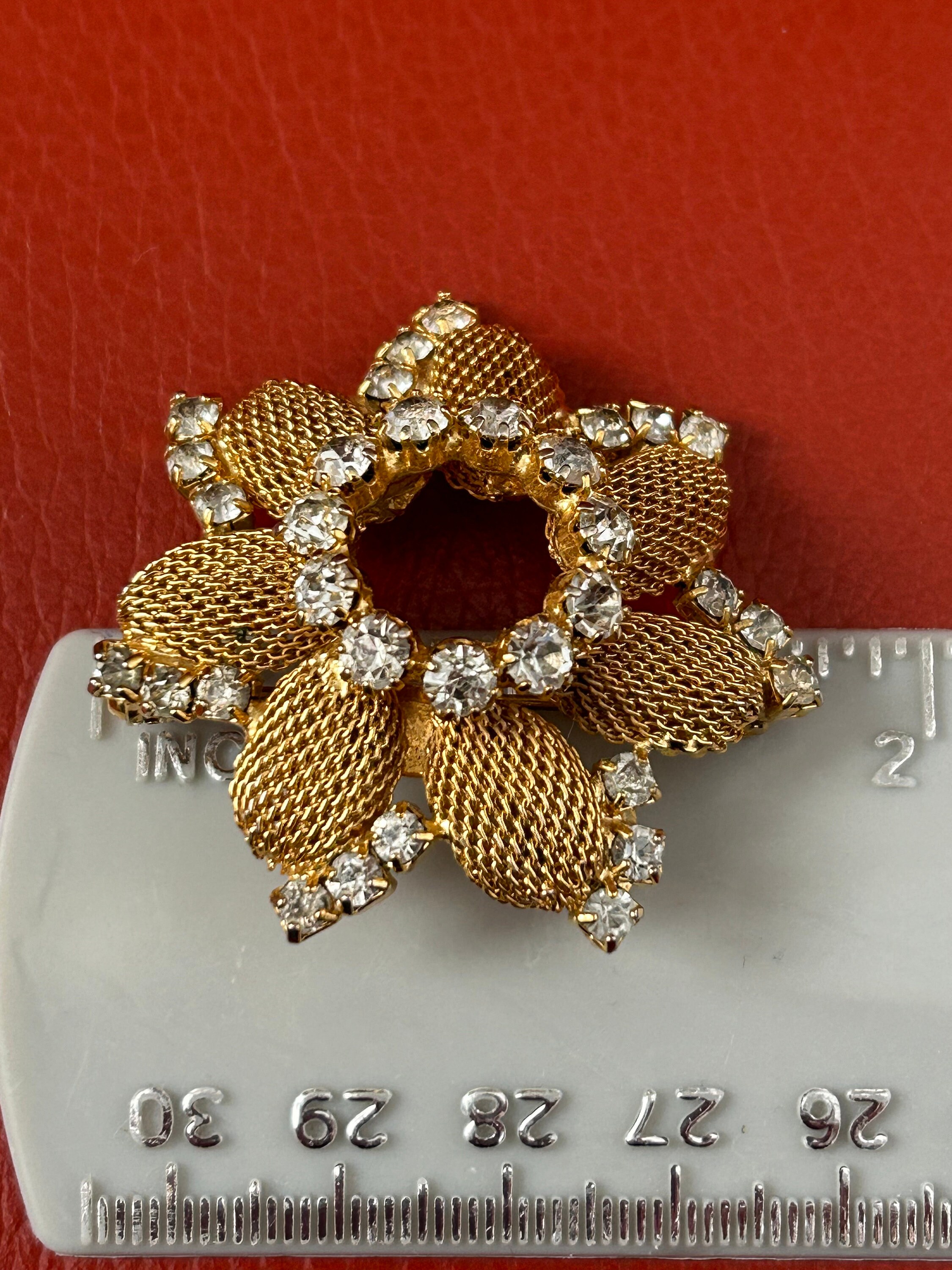 Rare Vintage Hobe Gold Mesh and Rhinestone Flower Brooch