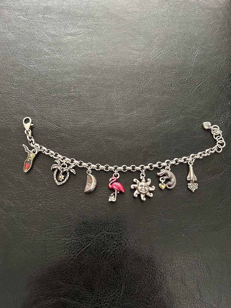 May include: Silver charm bracelet featuring various charms, including a Florida-shaped charm, a strawberry, a crescent moon, a pink flamingo, a sun, an alligator, and a palm tree. The bracelet is on a black surface.