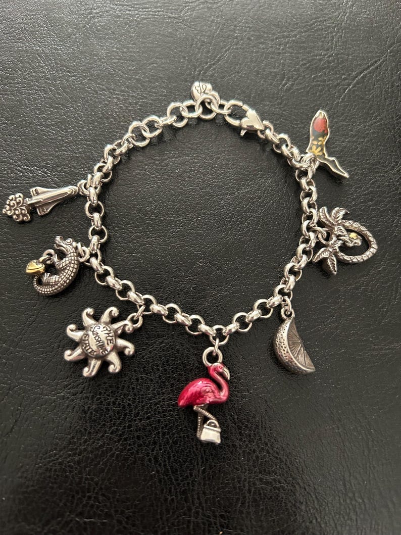 May include: Silver charm bracelet featuring various charms, including a flamingo, sun, alligator, palm tree, and a slice of citrus. The flamingo charm is pink with a small silver purse. The sun charm has the words "The Sunshine State".