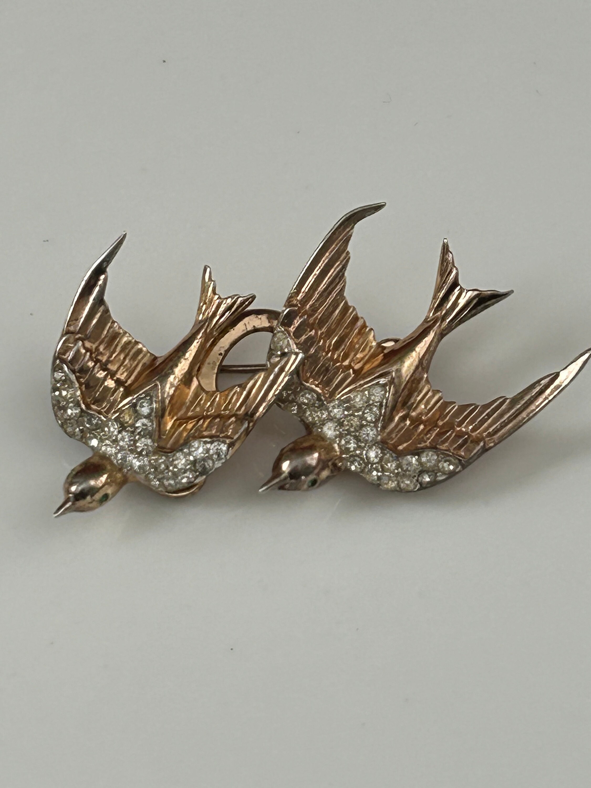 Vintage Coro Craft Duette Sterling Swallow Birds Brooch-fur Clip