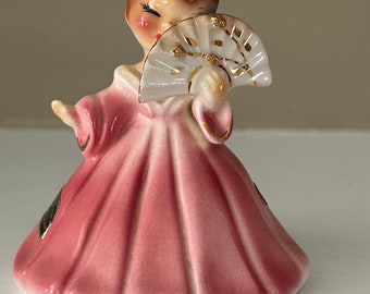 Vintage Josef Originals Secret Pal pink girl figurine with fan. Signed with both foil labels. Pristine!