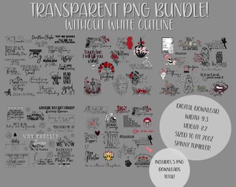 May include: A digital download bundle of 5 transparent PNG images featuring bookish quotes and illustrations. The images are sized to fit a 20oz skinny tumbler. The quotes include "One More Chapter", "Trigger Warning", "Here for Warnings", "Why Choose?", and "Yes Master".