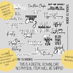 K&ouml;nnte beinhalten: Ein digitaler Download von 10 druckbaren Aufklebern mit verschiedenen S&auml;tzen zum Thema Lesen, darunter "Probably Reading Smut", "Good Girl" und "I Know Baby, I Know". Die Aufkleber sind in schwarzer Schrift auf wei&szlig;em Hintergrund. Das Bild enth&auml;lt auch Text, der besagt: "Dies ist ein digitaler Download. Es wird kein physischer Artikel versandt."