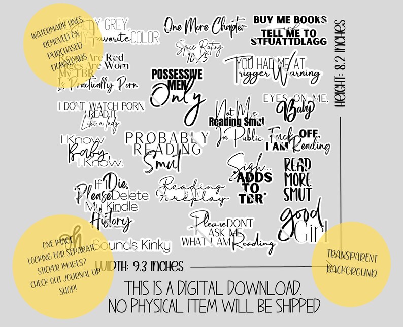 K&ouml;nnte beinhalten: Ein digitaler Download von 10 druckbaren Aufklebern mit verschiedenen S&auml;tzen zum Thema Lesen, darunter "Probably Reading Smut", "Good Girl" und "I Know Baby, I Know". Die Aufkleber sind in schwarzer Schrift auf wei&szlig;em Hintergrund. Das Bild enth&auml;lt auch Text, der besagt: "Dies ist ein digitaler Download. Es wird kein physischer Artikel versandt."