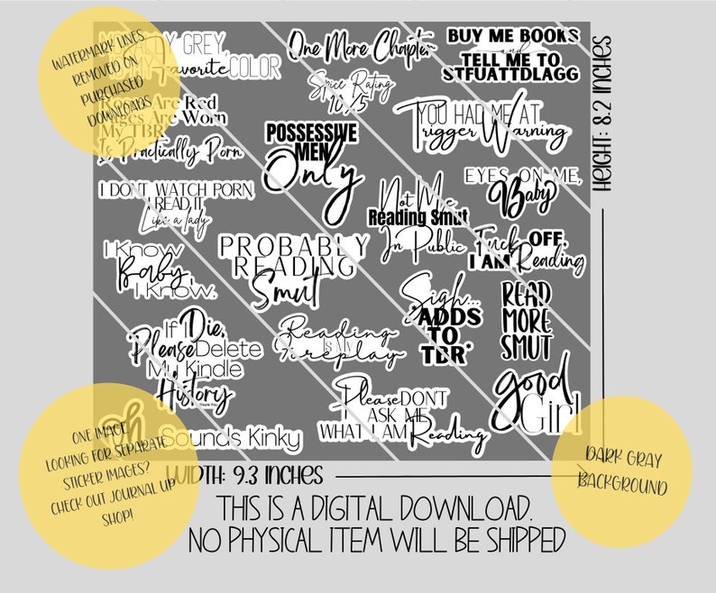 K&ouml;nnte beinhalten: Ein digitaler Download von 20 druckbaren Aufklebern mit einem dunkelgrauen Hintergrund. Die Aufkleber zeigen verschiedene S&auml;tze zum Thema Lesen, darunter "Probably Reading Smut", "Good Girl", "Not My Reading Smut In Public" und "If I Die, Please Delete My Kindle History". Die Aufkleber sind 9,3 Zoll breit und 8,2 Zoll hoch.