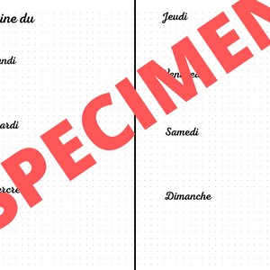 Peut inclure: Un planificateur hebdomadaire avec une mise en page en grille à points. Les jours de la semaine sont listés en français : Semaine du, Lundi, Mardi, Mercredi, Jeudi, Samedi, Dimanche.