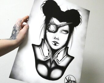 Ilustración steampunk futurista dark art neotokio ciberpunk