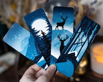 Winter Bookmarks | Glossy | Snow Forest Mountains Deer | Gift for Readers | Book Lovers