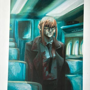 May include: Illustration of a person with orange hair and yellow eyes, wearing a black coat and tie, with blood stains on the shirt. The background is a teal-colored interior. The artist's name, valhallamerk, is in the top right corner.