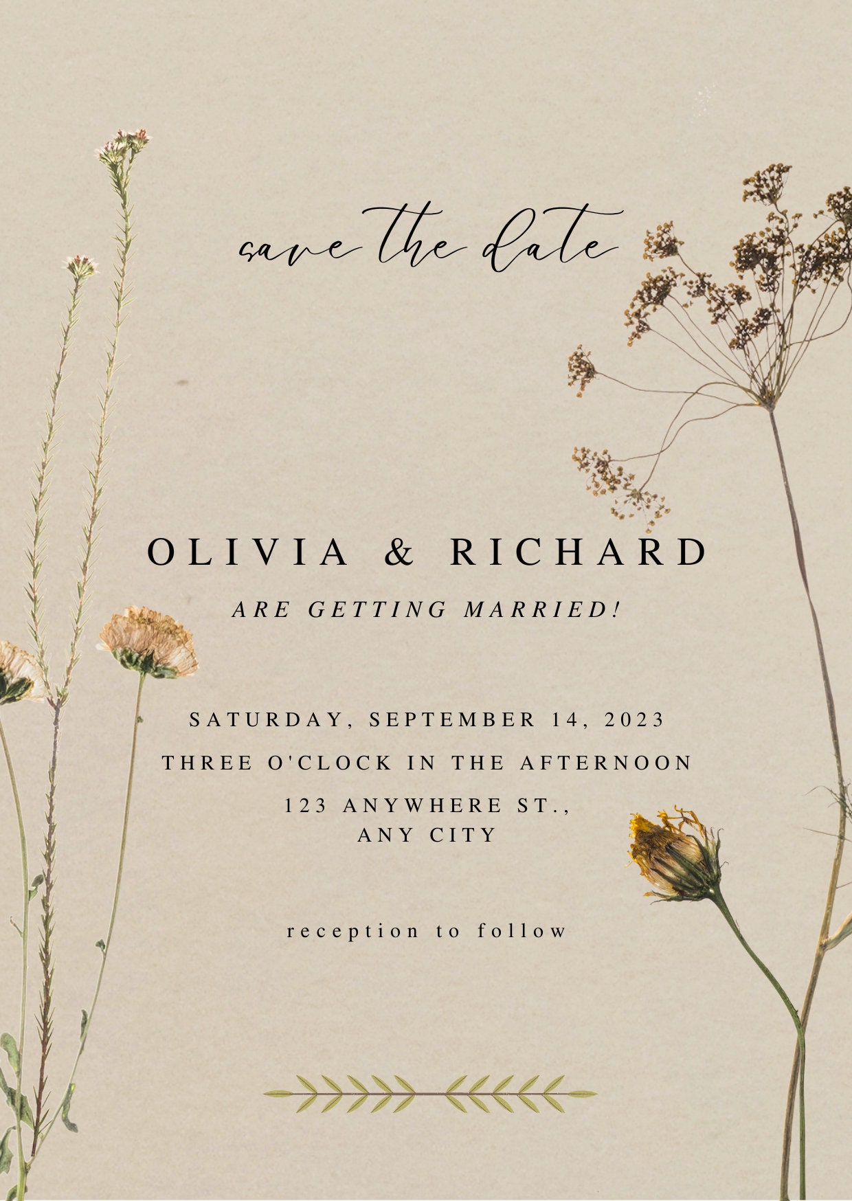 Dried Flowers Wedding Invitation Templatesimple Wedding Etsy