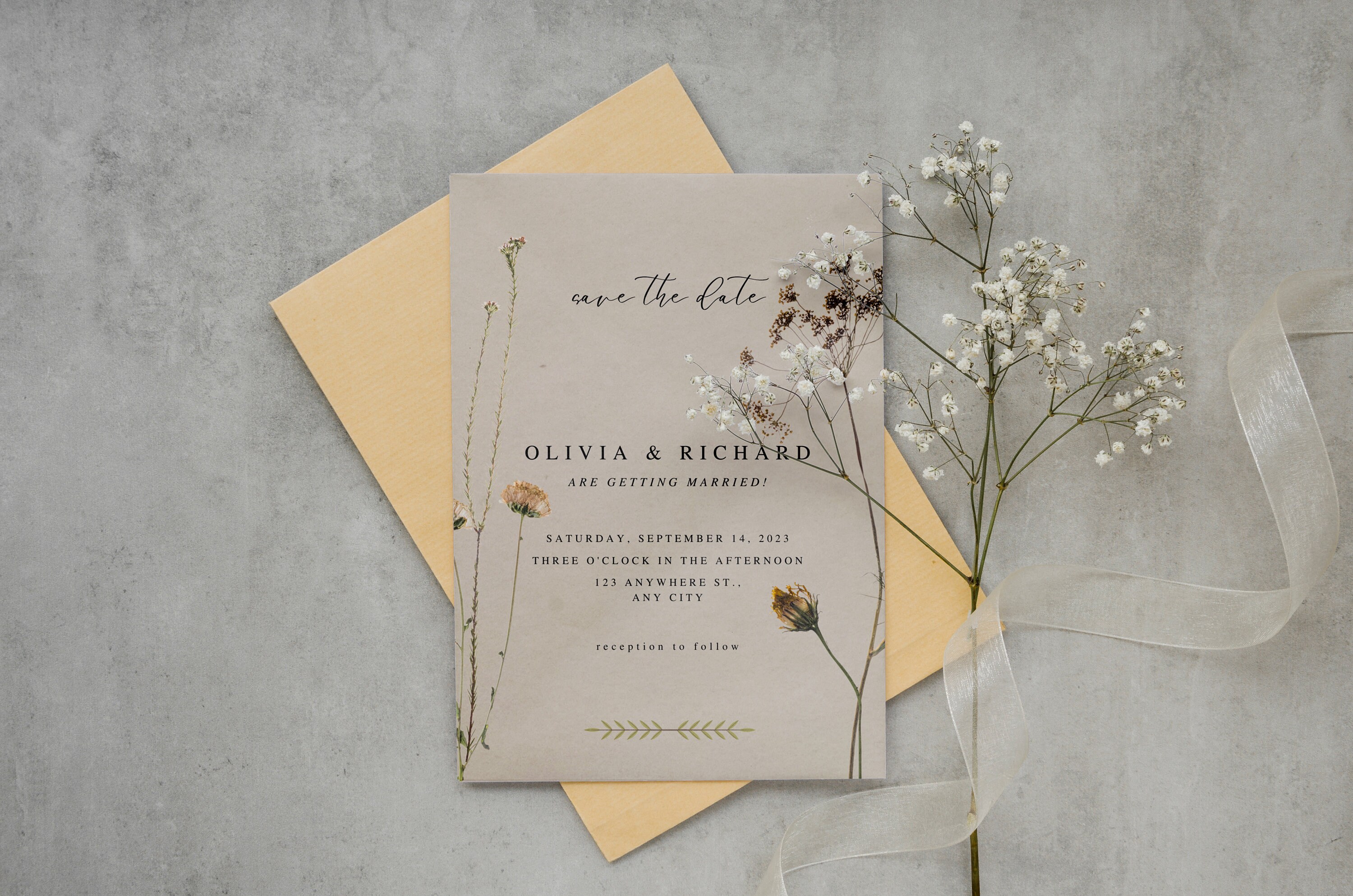 Dried Flowers Wedding Invitation Templatesimple Wedding Etsy