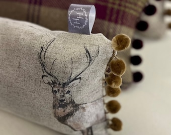 Draught Excluders in Country Stag Design, Luxury Personalised Home Accessories, Pom Poms