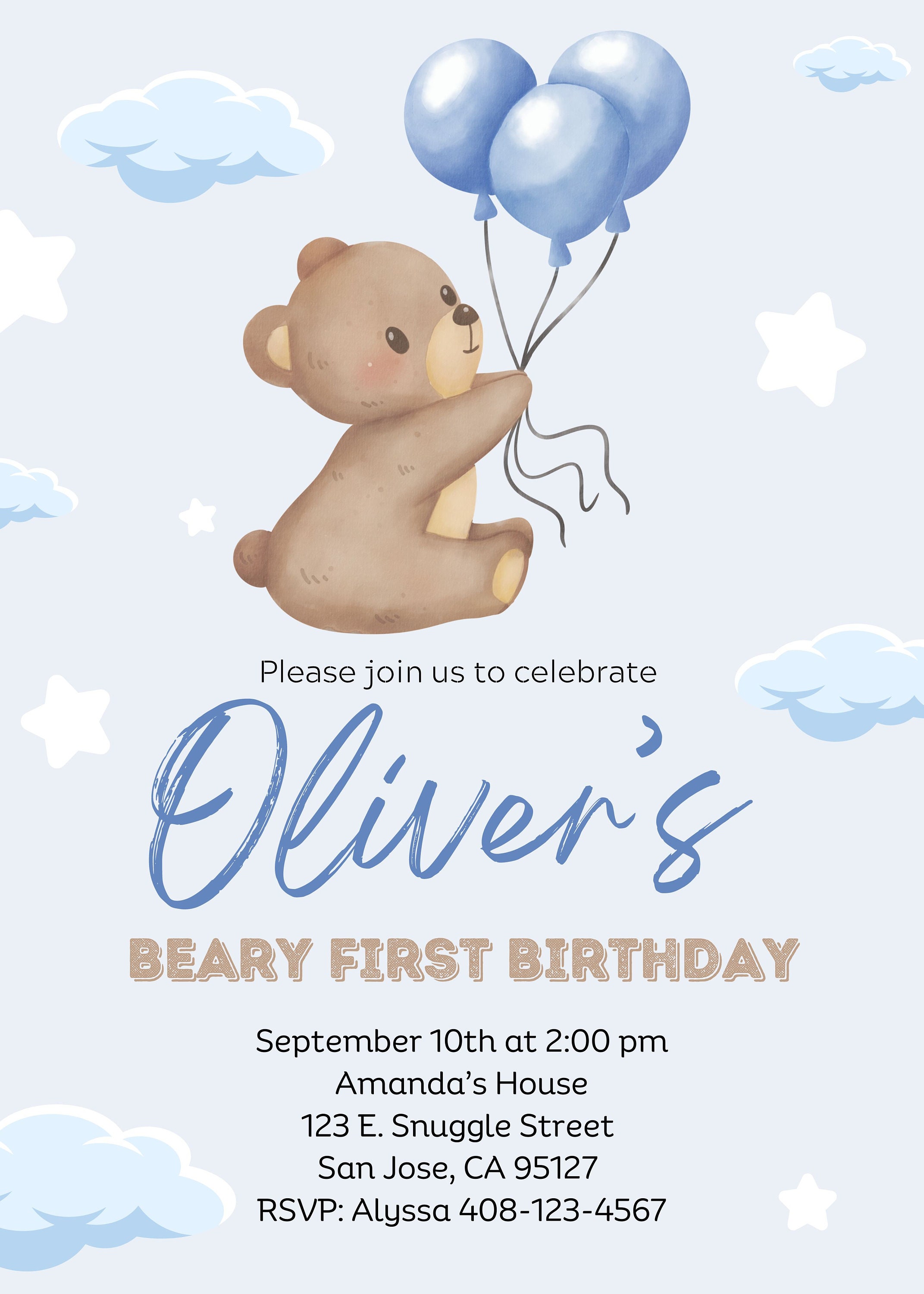 Editable Blue Teddy Bear Balloon Bear Theme 1st First Birthday ...