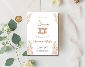 Edytowalny różowy brązowy trawa Boho Girl Baby Shower Invitation Girl Boho Shower Invite Digital Invitation Printable Template Instant Download