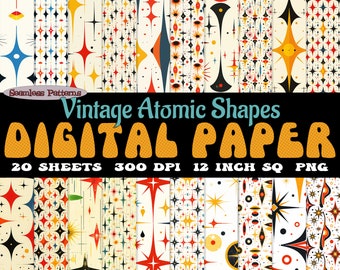 Set di 20 modelli digitali di forme atomiche vintage in stile moderno di metà secolo, in formato PNG scaricabile, senza soluzione di continuità, 300 dpi, SVG bundle / forme googie