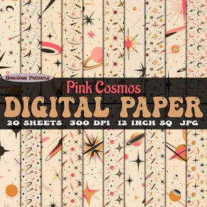 Confezione di 20 immagini jpg retrò di carta digitale moderna di metà secolo Pink Cosmos, modelli senza soluzione di continuità scaricabili in bundle SVG a 300 dpi per lo scrapbooking