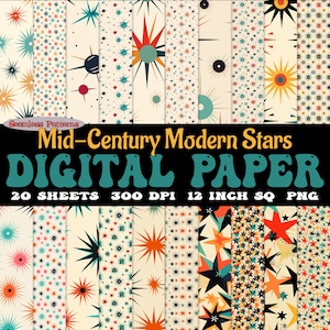Pacchetto di 20 carte digitali Mid-Century Modern Stars, modello senza soluzione di continuità, immagini PNG scaricabili retrò, bundle 300 dpi / SVG, starburst, era atomica