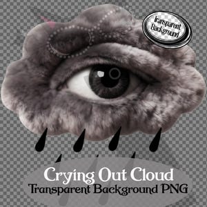 Puede incluir: Ilustración digital de un ojo con forma de nube con iris oscuro y lágrimas negras. La nube es gris y esponjosa, con el texto "Crying Out Cloud Transparent Background PNG" debajo. Una insignia circular dice "Transparent Background".