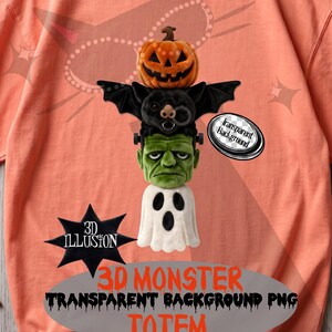 May include: A peach-colored t-shirt featuring a stacked graphic of a jack-o'-lantern, a black bat, a green Frankenstein-style monster head, and a white ghost. The design includes text reading 3D ILLUSION, Transparent Background, and 3D MONSTER TRANSPARENT BACKGROUND PNG TOTEM.