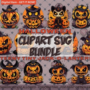 May include: A digital clipart bundle of 12 Halloween jack-o'-lantern illustrations. The jack-o'-lanterns are cartoonish and have different expressions. Some are wearing witch hats. The text "HALLOWEEN CLIPART SVG BUNDLE" and "12 TEENY TINY JACK-O-LANTERNS" is included in the image.