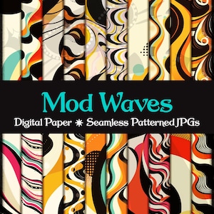 Könnte beinhalten: Eine Sammlung farbenfroher digitaler Papiere mit Retro-Designs. Die Papiere zeigen wirbelnde Muster in Orange-, Gelb-, Schwarz- und Türkistönen. Der Text "Mod Waves" und "Digital Paper * Seamless Patterned JPGs" ist zu sehen.