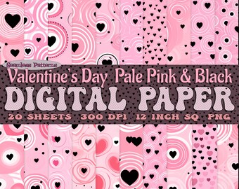 May include: A collection of digital papers with various pink and black heart patterns. The designs include swirls, dots, and heart shapes. The text reads "Valentine's Day Pale Pink & Black DIGITAL PAPER" with details about the sheets, resolution, and size.