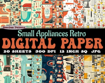 Könnte beinhalten: Zwanzig digitale Papiervorlagen mit Retro-Küchenapparat-Mustern in verschiedenen Farben, darunter Rot, Blau, Gelb und Grün. Jedes Blatt ist 30,48 cm quadratisch und hat 300 DPI. Der Text "Small Appliances Retro Digital Paper" wird in einer Retro-Schriftart angezeigt.
