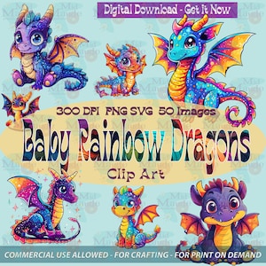 Baby Regenbogen Drachen SVG Bundle | Clipart-Set mit 50 herunterladbaren PNG-Bildern in 300 dpi | Jahr des Drachen niedlichen Spaß himmlisch klein
