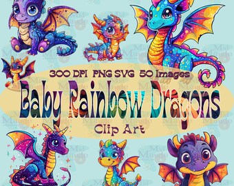 Baby Rainbow Dragons SVG bundle | clipart set of 50 PNG downloadable digital images