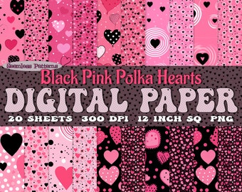 May include: A digital paper pack with 20 sheets of black and pink polka dot heart patterns. Each sheet is 12 inches square and 300 DPI.