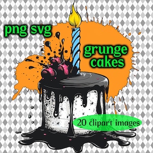 May include: A black and white illustration of a dripping chocolate cake with a blue and yellow candle on top. The cake is decorated with pink and red cherries. The background is orange with black splatters. The text "grunge cakes" is written in green letters. The text "20 clipart images" is written in green letters.