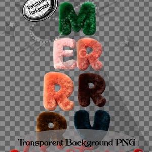 Puede incluir: Un diseño con temática navideña con fondo transparente. La palabra "MERRY" está escrita con letras esponjosas y texturizadas en verde, rosa, naranja y marrón. La palabra "Christmas" está escrita en rojo en la parte inferior, con una estrella dorada en la parte superior.