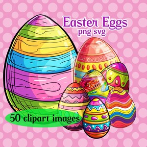 Mega Bundle de cliparts oeufs de Pâques, ensemble de 50 images numériques téléchargeables PNG SVG 300 dpi | pour décorer des cartons d'invitation pour des carnets à sublimation