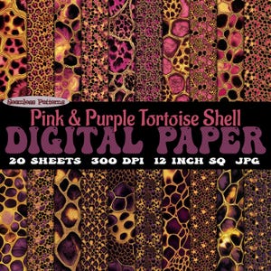 May include: A selection of digital papers showcasing pink and purple tortoise shell patterns. The designs vary, with a blend of colours and textures. The image includes the text "Pink & Purple Tortoise Shell DIGITAL PAPER". Each sheet is 12 inches square.