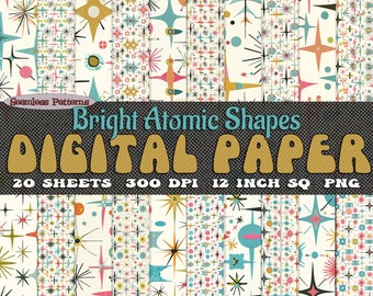 Mid-Century Modern Bright Atomic Shapes digital paper set of 20 retro png downloadable seamless patterns 300 dpi | SVG bundle stars, googies