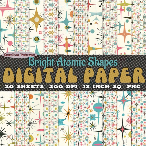 Mid-century Modern Bright Atomic Shapes Digital Paper Set of