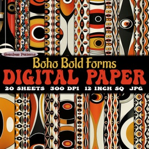 Set di 20 fogli di carta digitale Boho Bold Forms, download di motivi retrò senza soluzione di continuità, bundle JPG e SVG / diario spazzatura, estetica mid-modern