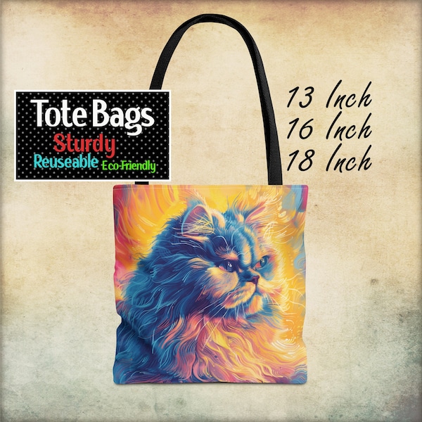 Painted Persians Cat Lover Tote Bags in 3 Sizes 13 16 18 inch | for fans of colorful kitties, grocery or book bag beach or travel carry-all