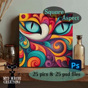 Op de afbeelding: Vierkant canvas kunst met een kleurrijke kattenkop met turquoise ogen. Het kunstwerk gebruikt levendige tinten rood, geel, oranje en blauw. De tekst "Square Aspect" wordt boven het kunstwerk weergegeven. De tekst "25 pics & 25 psd files" wordt eronder weergegeven.