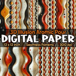 Set di 10 immagini di carta digitale Mid-Century Modern di immagini ondulate con illusioni 3D, motivi senza soluzione di continuità per la stampa, la scrittura di un diario, sfondo virtuale