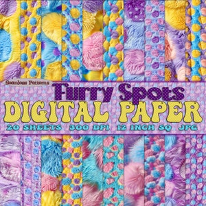 May include: A digital paper pack with 20 sheets of seamless patterns featuring fuzzy spots in pink, blue, and yellow. The patterns are 12 inches square and 300 DPI.