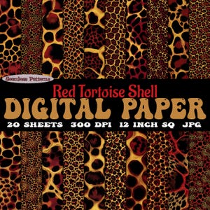 Op de afbeelding: Digitale papieren vellen met rode en gouden schildpadpatronen. De afbeelding toont de tekst "Red Tortoise Shell DIGITAL PAPER" en specificeert 20 vellen van 300 DPI, elk 30,48 cm vierkant, in JPG-formaat.