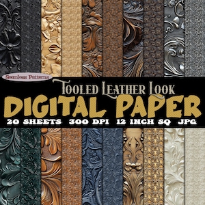Papier numérique aspect cuir repoussé de 20 modèles sans couture téléchargeables, jpg 300 dpi | Esthétique western cowboy pour impression, arrière-plans