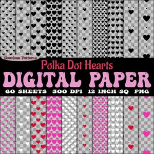 Op de afbeelding: Een set van 60 digitale papieren vellen met naadloze patronen van stippenhartjes in zwart, wit, roze en rood. Elk vel is 30,48 cm vierkant en 300 DPI.