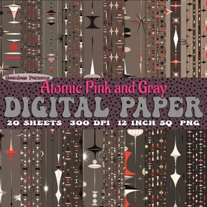 Forme di pendoli atomici rosa e grigi in stile Mid-Century Modern, set di 20 modelli di carta digitale scaricabili senza soluzione di continuità, immagini PNG a 300 dpi, pacchetto SVG