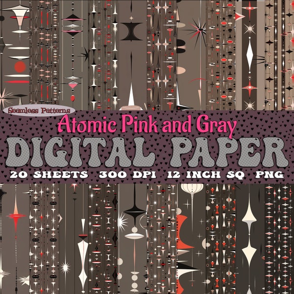 Mid-Century Modern Atomic Pink & Gray pendulum shapes, digital paper set of 20 downloadable seamless patterns, PNG images 300 dpi SVG bundle