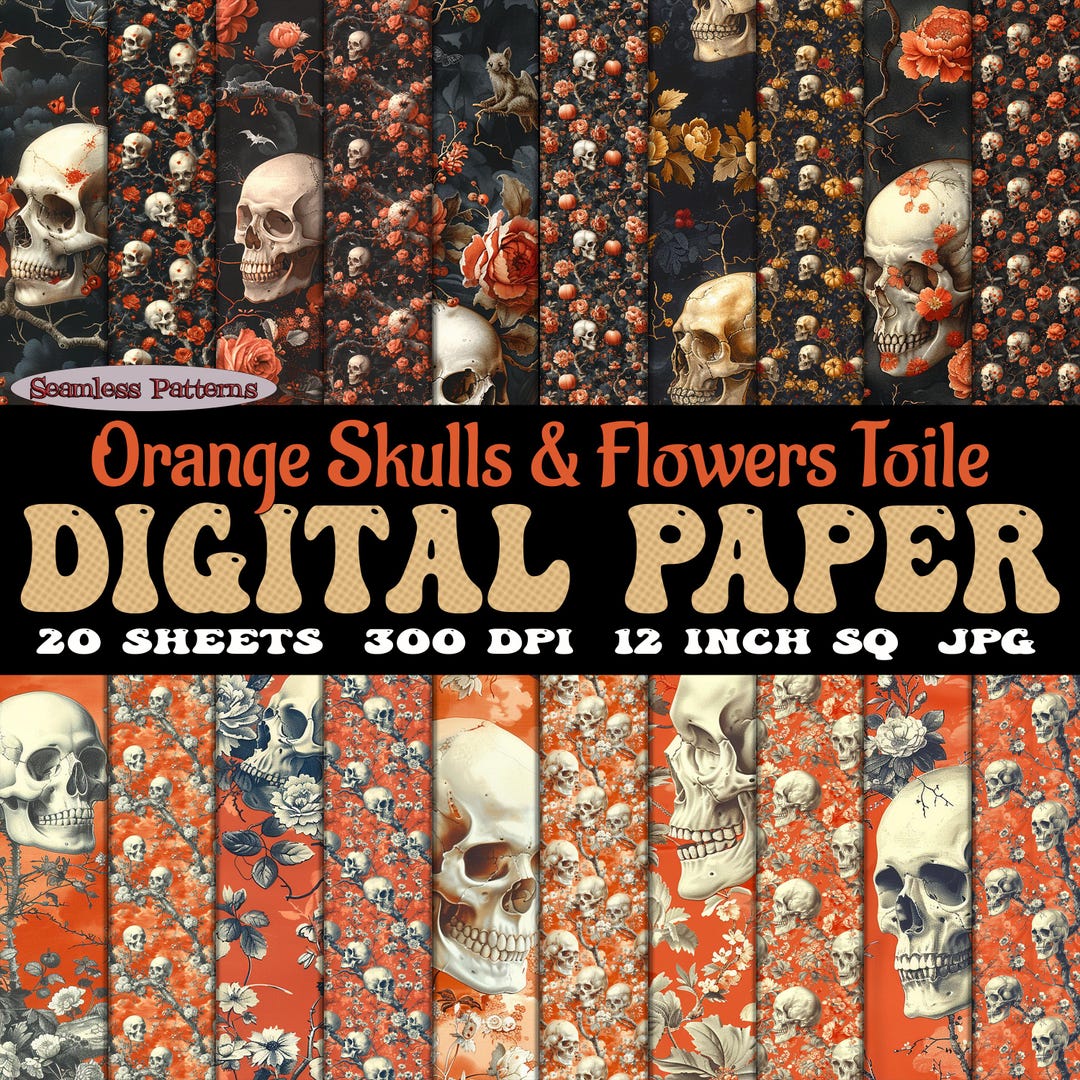 Orange Toile Halloween Skulls Flowers Digital Paper Set of 20 ...