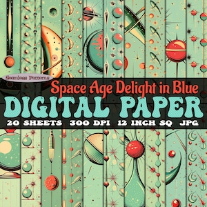 Pacchetto di 20 immagini jpg retrò di carta digitale moderna di metà secolo Space Age Delight in Blue, modelli senza soluzione di continuità scaricabili in bundle SVG a 300 dpi