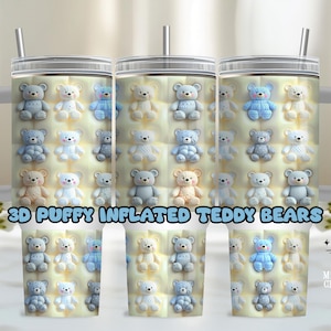 May include: Three sublimation tumblers with a design of 3D puffy blue and white teddy bears on a white background. The text "3D Puffy Inflated Teddy Bears" is printed on the tumblers.